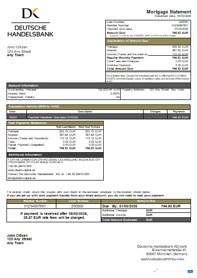 Download Germany Deutsche Handelsbank AG bank mortgage statement scr Photoshop template
